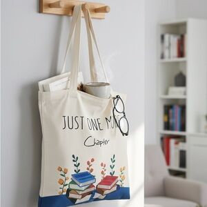 New! Canvas Book “Just one more chapter” Tote Bag with Book Design